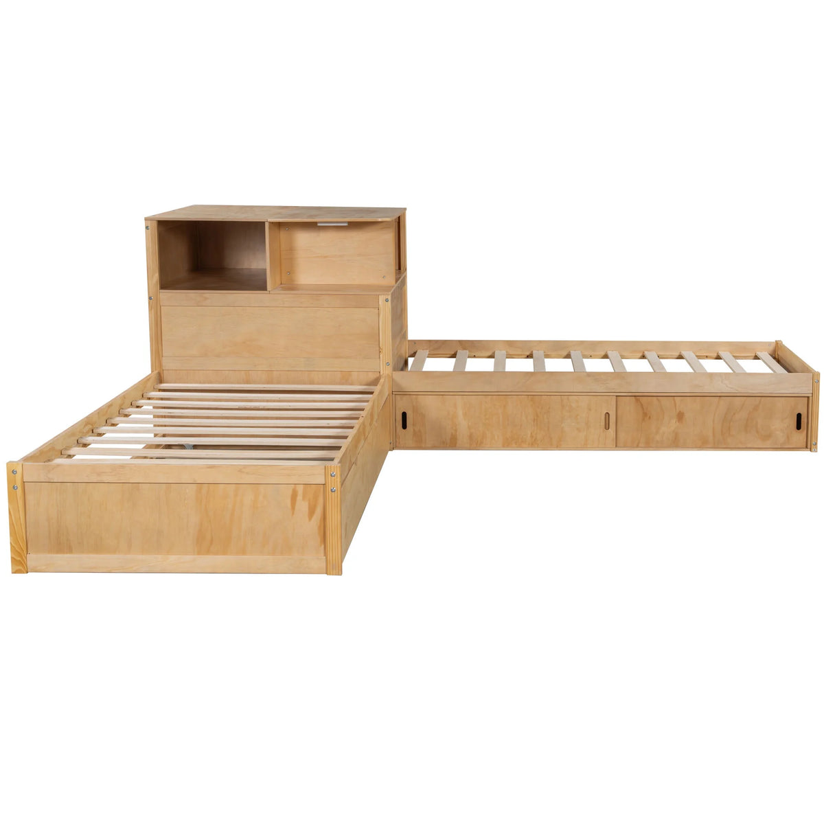 Euroco Pine Wood L-Shaped Twin Platform Bed with Storage Desk, Cabinets, Trundle and LED Light for Kids Teens, Gray