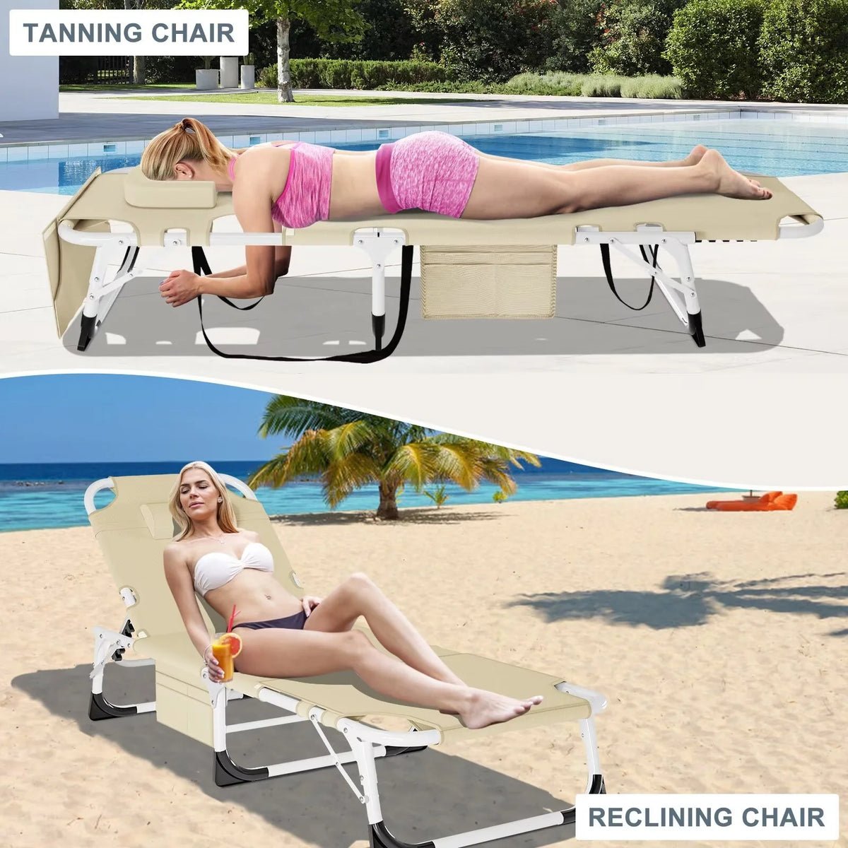 MOPHOTO Lounge Chair with Mattress, Outdoor Chaise Lounge Support 440 Lbs, Adjustable Portable Heavy Duty Sleeping Cots Bed for Camping, Pool, Beach, Patio