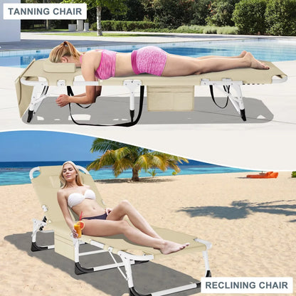 MOPHOTO Lounge Chair with Mattress, Outdoor Chaise Lounge Support 440 Lbs, Adjustable Portable Heavy Duty Sleeping Cots Bed for Camping, Pool, Beach, Patio