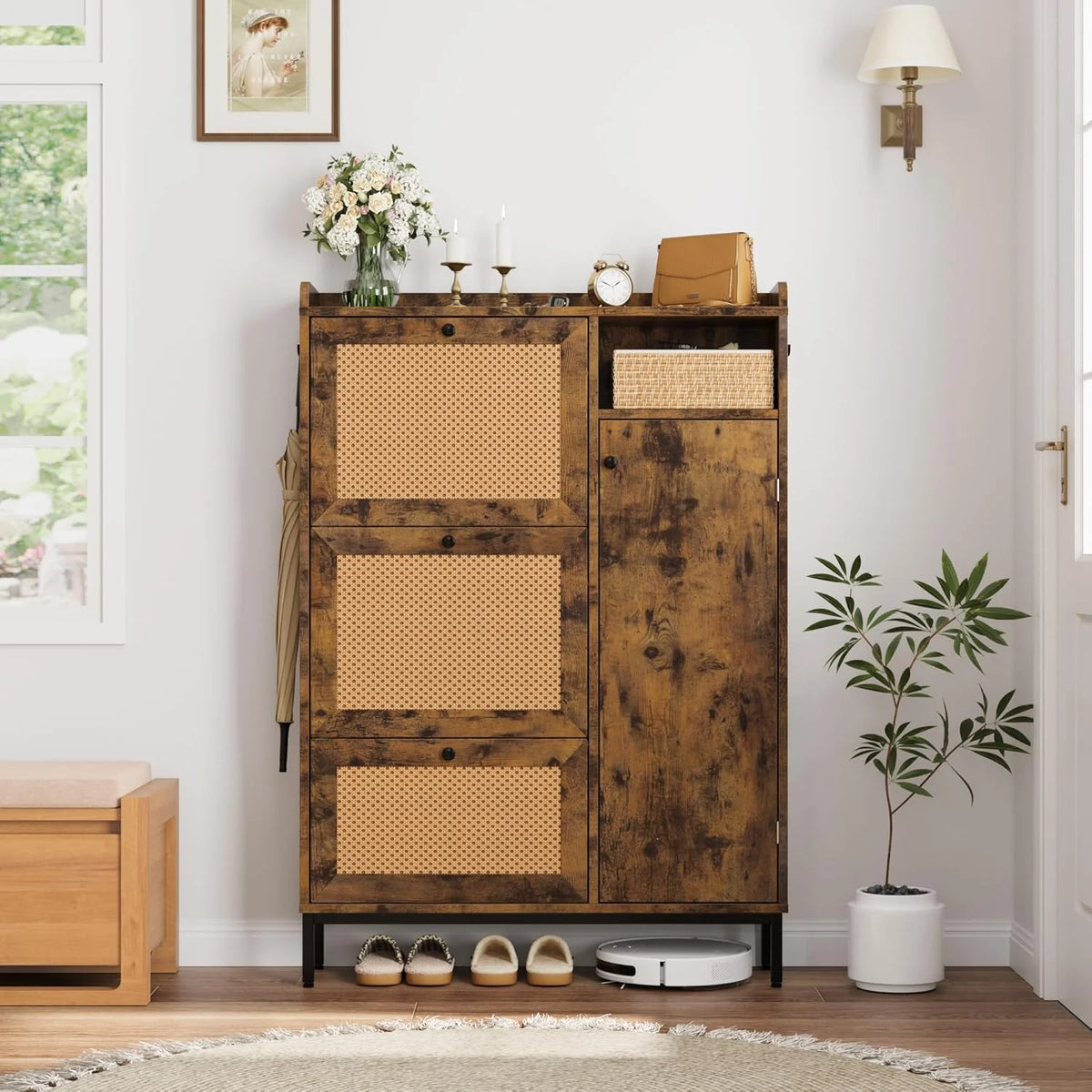 Garvee Rattan Shoe Storage Cabinet with Doors and 3 Flip Drawers, Freestanding Organizer with Adjustable Shelves for Entryway, Narrow Shoe Rack Cabinet for Hallway, Easy Assembly, Oak Color