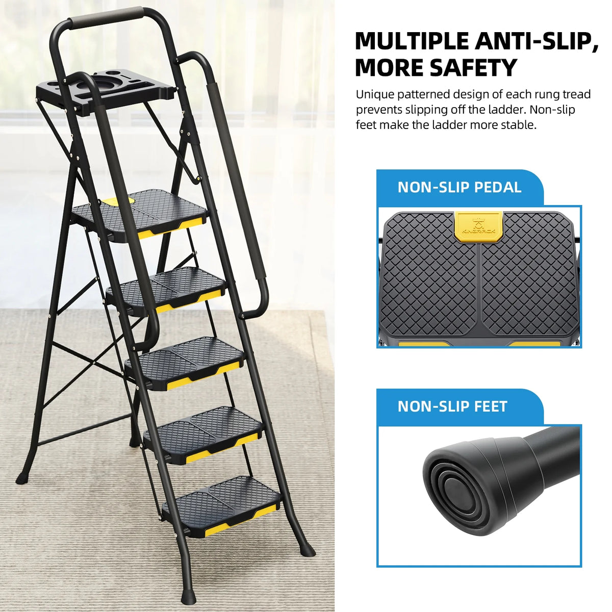 Kingrack 5 Step Folding Ladder for Adults, 800lbs Sturdy Steel  Stool Ladder with Anti-Slip Pedal&Handrail&Tool Tray for Home Kitchen Office