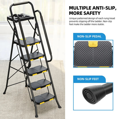 Kingrack 5 Step Folding Ladder for Adults, 800lbs Sturdy Steel  Stool Ladder with Anti-Slip Pedal&Handrail&Tool Tray for Home Kitchen Office