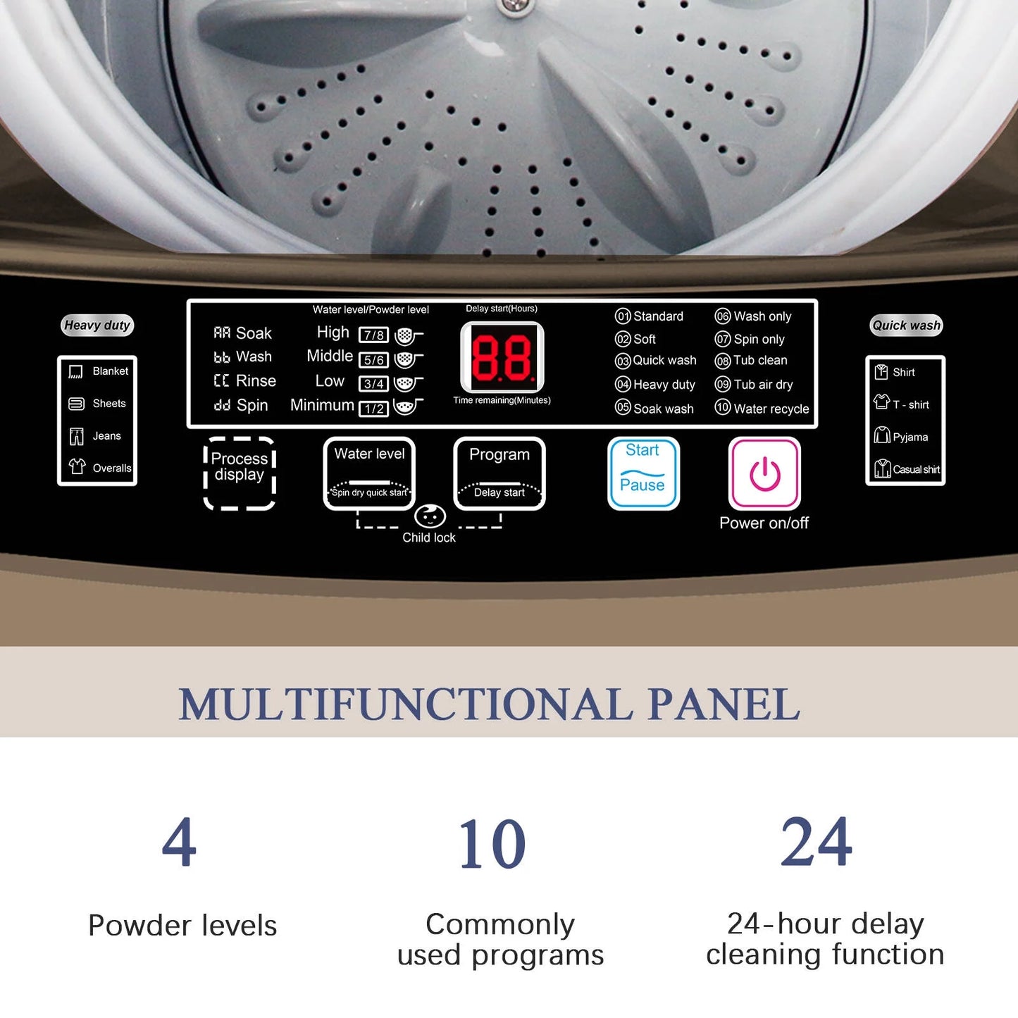 Krib B Full Automatic Washing Machine with Drain Pipe, 17.7 lbs Portable Washers with 10 Programs & 8 Water Levels, Suitable for Apartment, Dorm, Grey