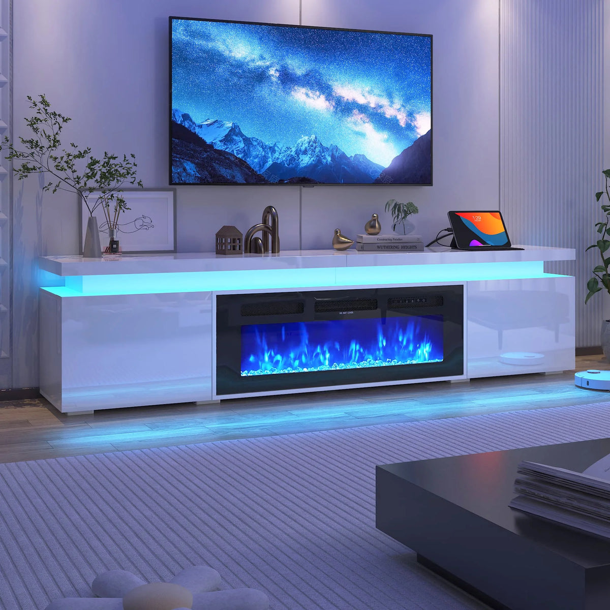 LED TV Stand for up to 85" TVs with Power Outlet, 75" Large Entertainment Center Console Table Gaming Soundbar Shelf with 2 Storage Cabinets