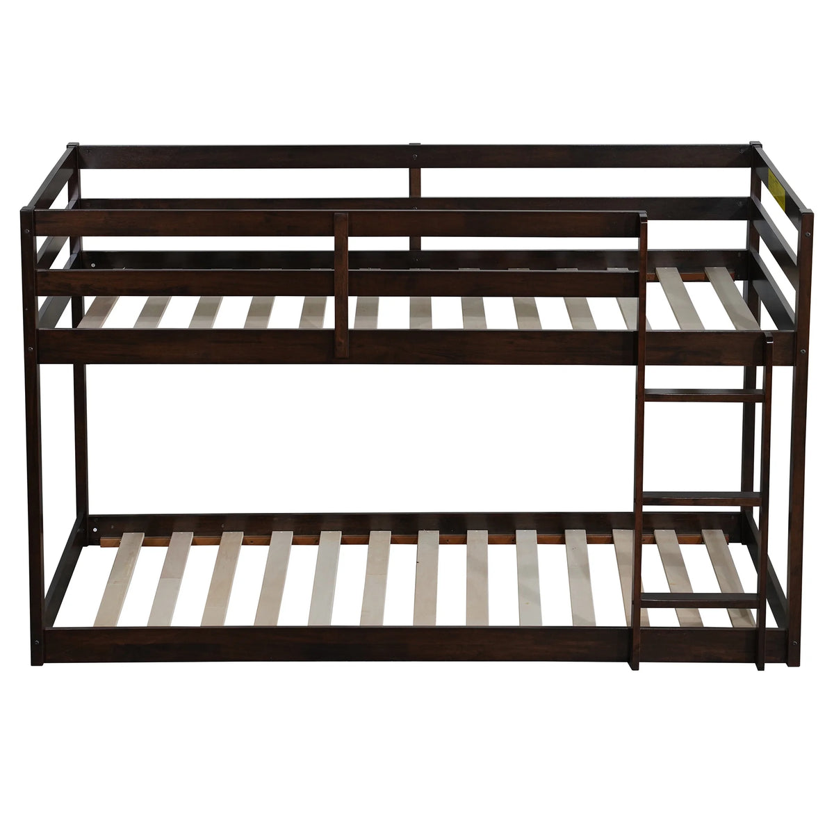 Twin Over Twin Floor Bunk Bed, UHOMEPRO Solid Wood Low Bunk Bed with Safety Rail, Ladder, Heavy Duty Bunk Beds, Space-Saving Bedroom Dorm Furniture, Gray