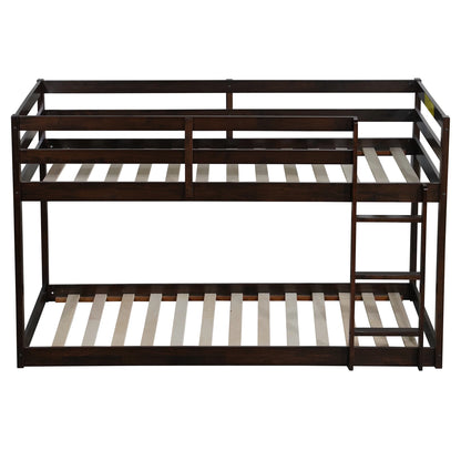 Twin Over Twin Floor Bunk Bed, UHOMEPRO Solid Wood Low Bunk Bed with Safety Rail, Ladder, Heavy Duty Bunk Beds, Space-Saving Bedroom Dorm Furniture, Gray