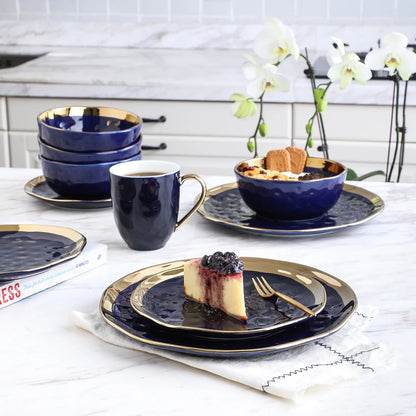 Stone Lain Florian Modern Porcelain Dish Set, 16-Piece Dishes for 4, Gold and Navy