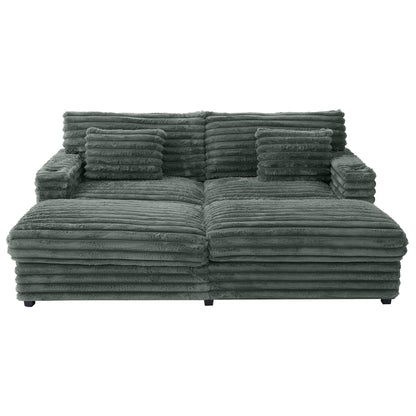 Oversized Double Chaise Lounge, Faux Fur Upholstered Deep Seat Sofa with 2 Pillows, 2 Cupholders, and Dual USB Ports