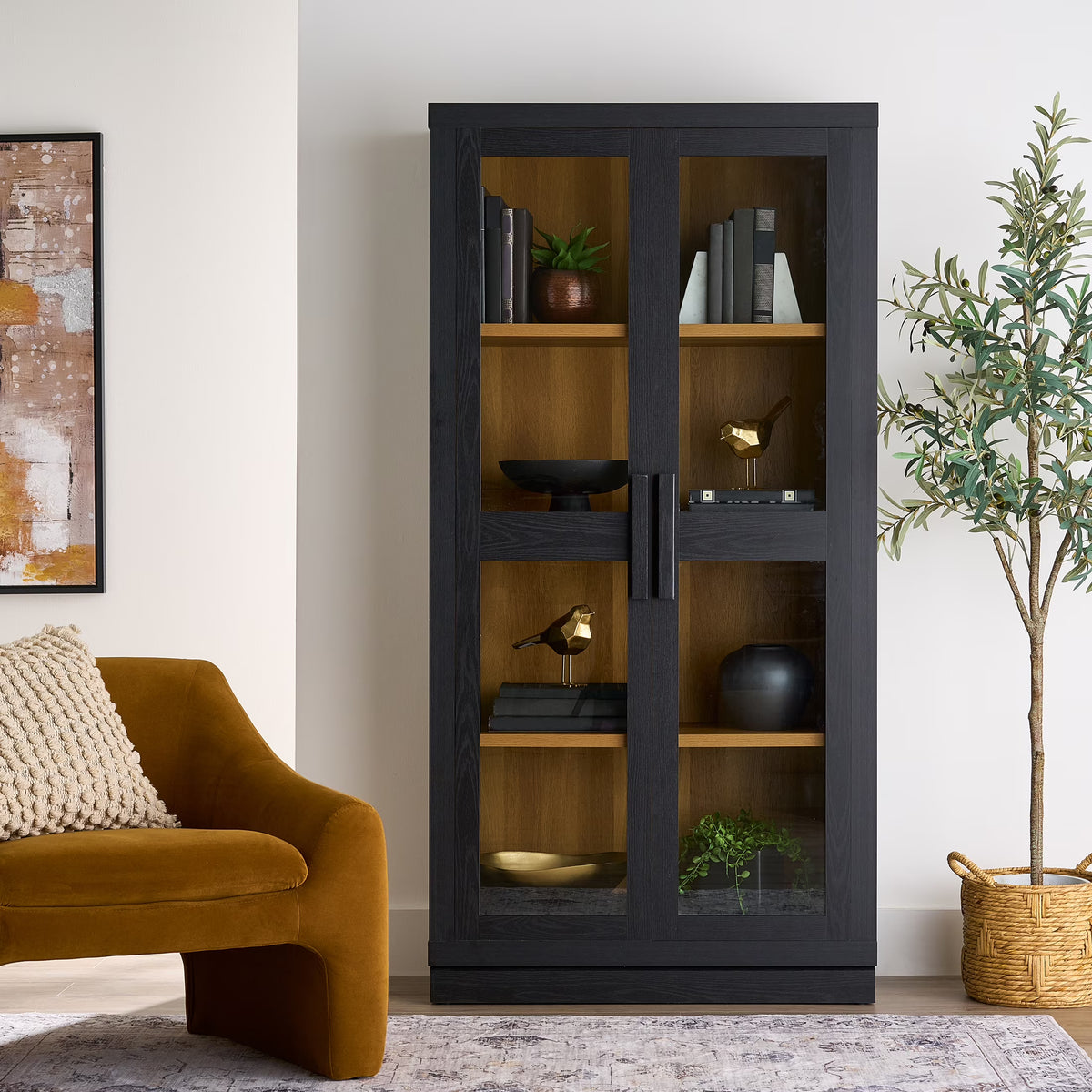 Better Homes & Gardens Ezra Glass Door Storage Accent Cabinet, Warm Walnut finish