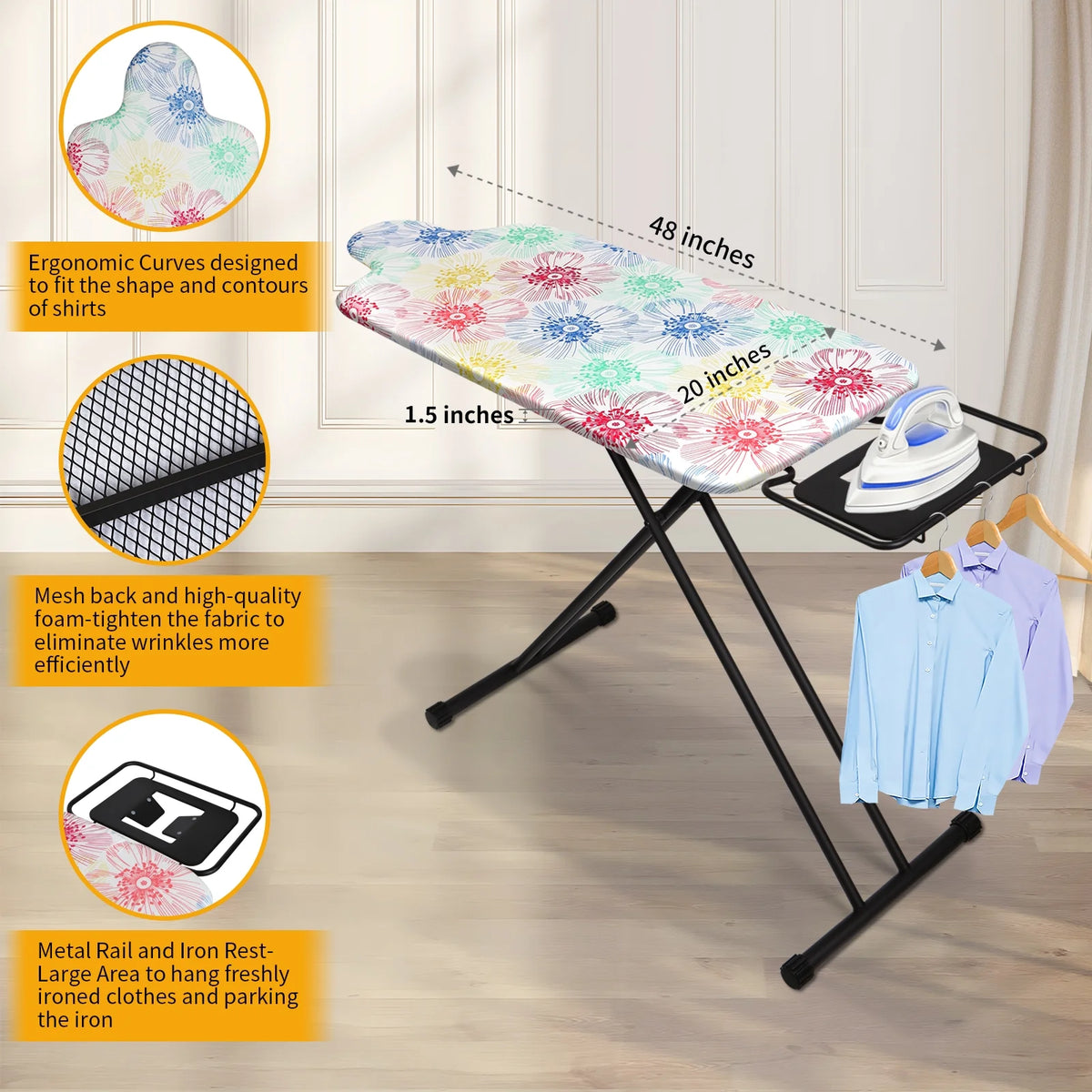 KDJ HOME Slieton Extra Large Ironing Board with Hang Rail, 20-Inch Wide
