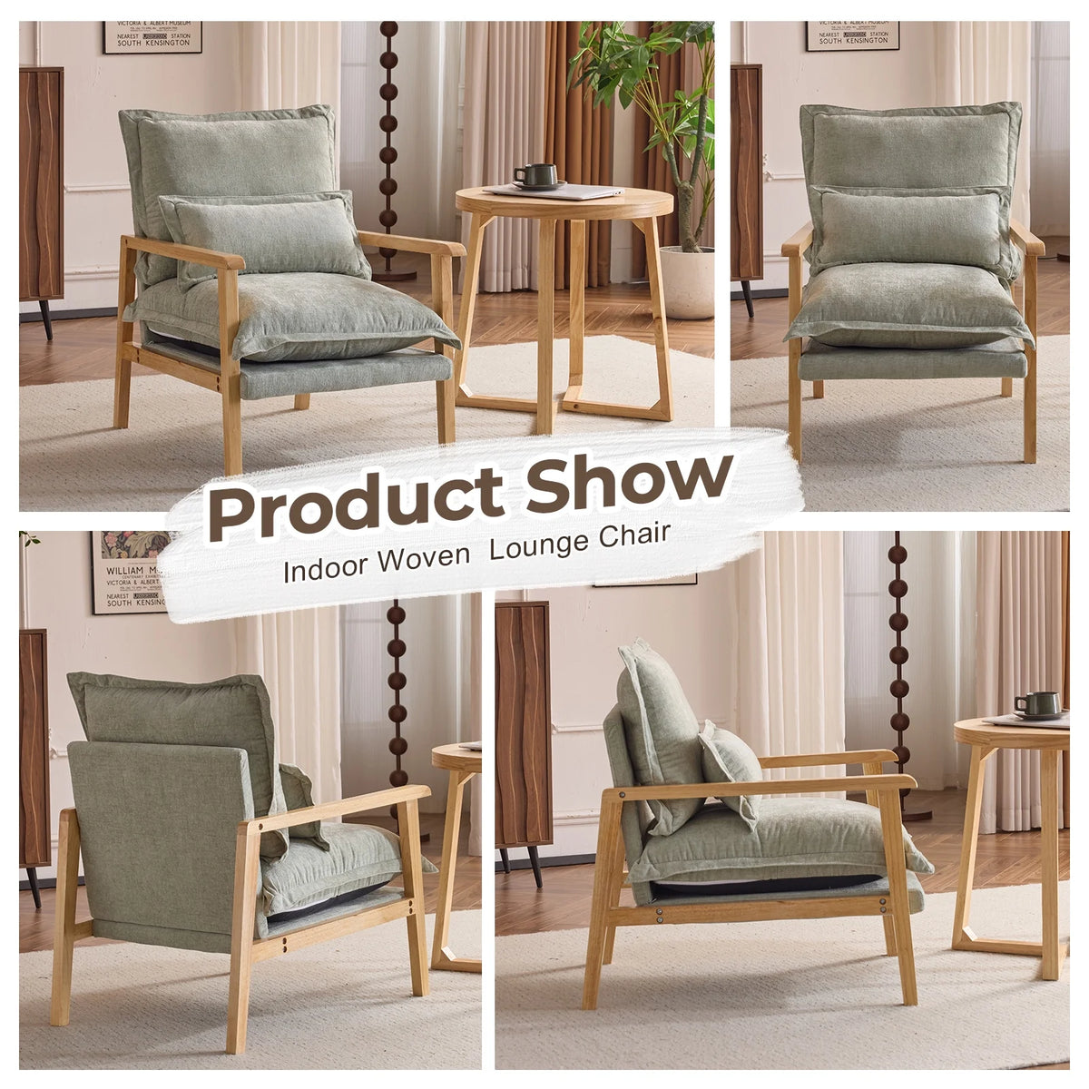 Ktaxon Chenille Accent Chair, Solid Wood Armrests Armchair, Metal Frame for Stability, Single Sofa with Comfortable Cushions and Lumbar Pillow Beige