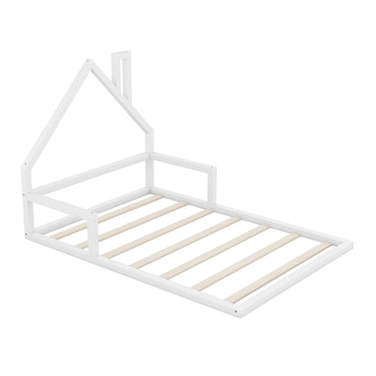 Euroco Twin Size Wood Floor Bed for Kids Room, Toddler House Bed, Natural