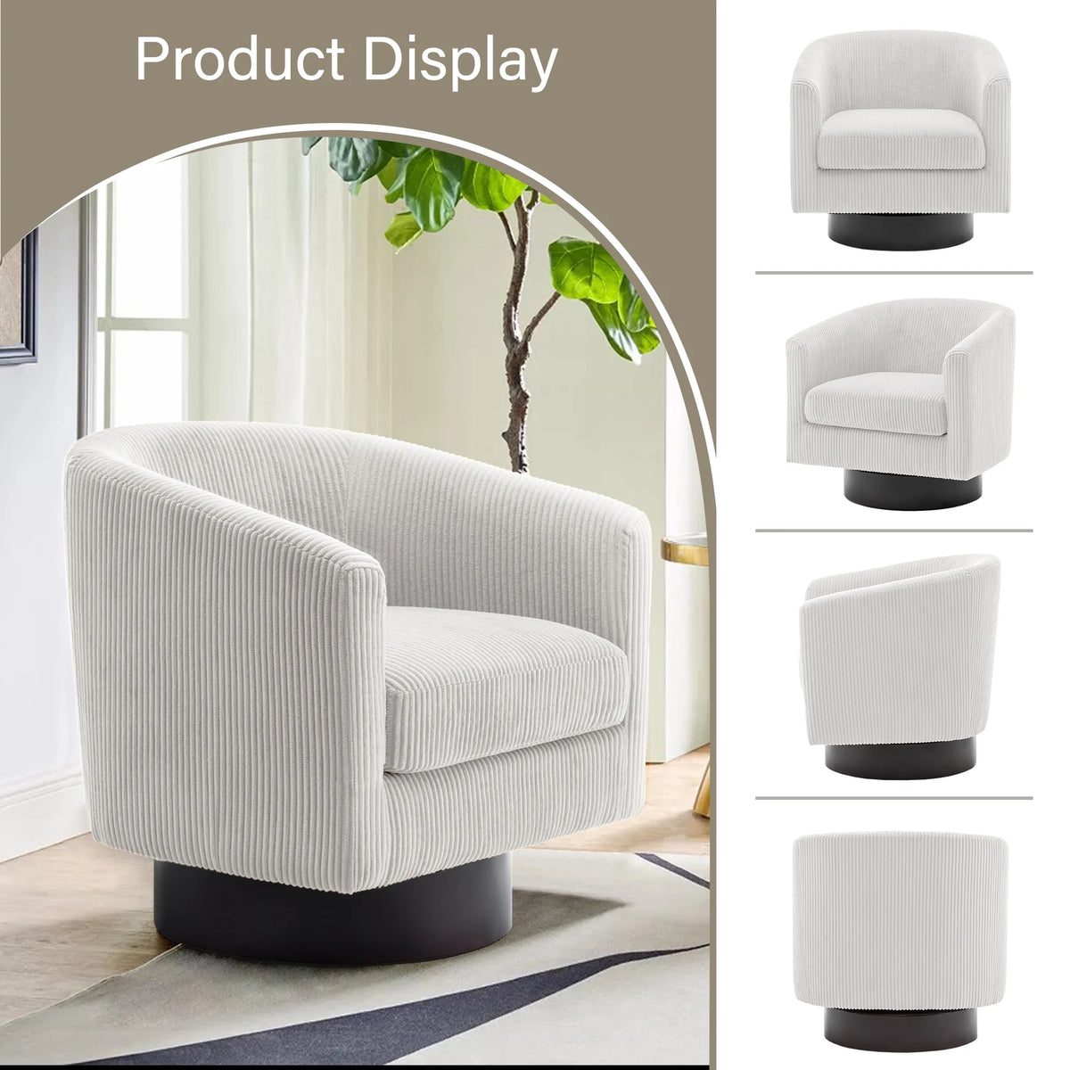 UIXE Swivel Accent Chair, Upholstered Fabric Barrel Chair for Living Room, Small Single Sofa Bedroom Reading Seat, Light Gray