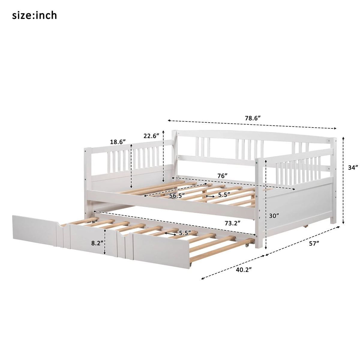 Daybed with Trundle Included, Full Size Daybed Bed Frame with Headboard and Footboard, Living Room Sofa Bed with Pull Out Bed, Wood Single Bed for Kids Boys Girls, No Box Spring Needed, White, J948