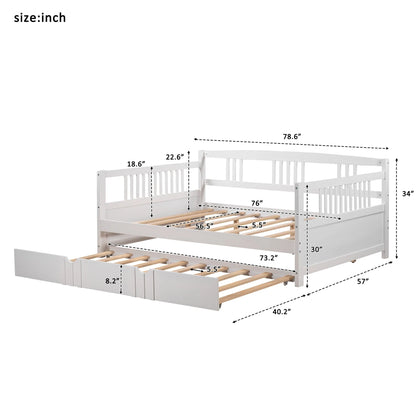 Daybed with Trundle Included, Full Size Daybed Bed Frame with Headboard and Footboard, Living Room Sofa Bed with Pull Out Bed, Wood Single Bed for Kids Boys Girls, No Box Spring Needed, White, J948