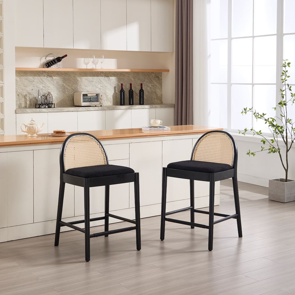 Guyou Modern Bar Stools Set of 2, 26" Counter Height Bar Stools with Natural Rattan Back and Solid Wood Frame, Sherpa Upholstered Kitchen Island Chairs for Bar Island Cafe Kitchen, Black