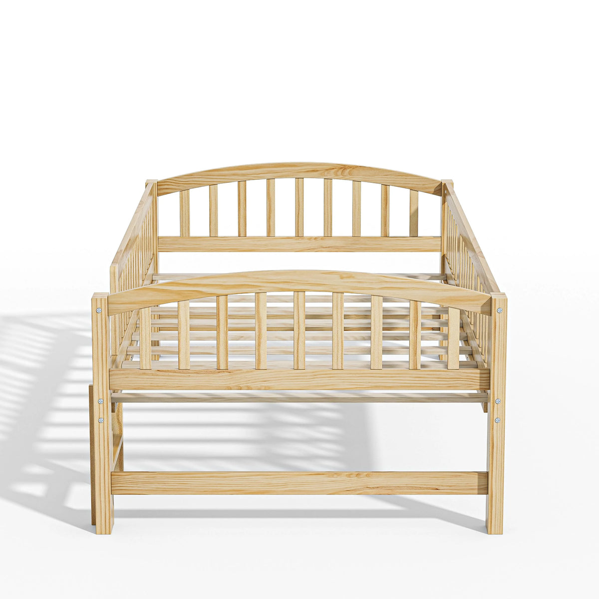 SESSLIFE Twin Size Platform Bed, Solid Wood Twin Bed Frame with Slats, Fence Guardrail Ladder, Twin Floor Bed with Strong Legs for Boys Girls, No Box Spring Needed, Holds 400 lbs, White