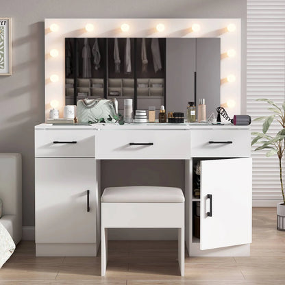 Ktaxon Large Makeup Vanity, Vanity Table Set w/ Visible Glass Top w/ Charging Station, White