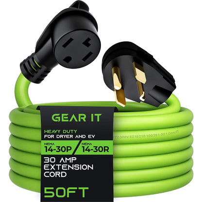 GearIT 125/250-Volt 4-Prong Male to Female 30 Amp Extension Cord for Dryer and Level 2 EV Charger, Green 50 ft.