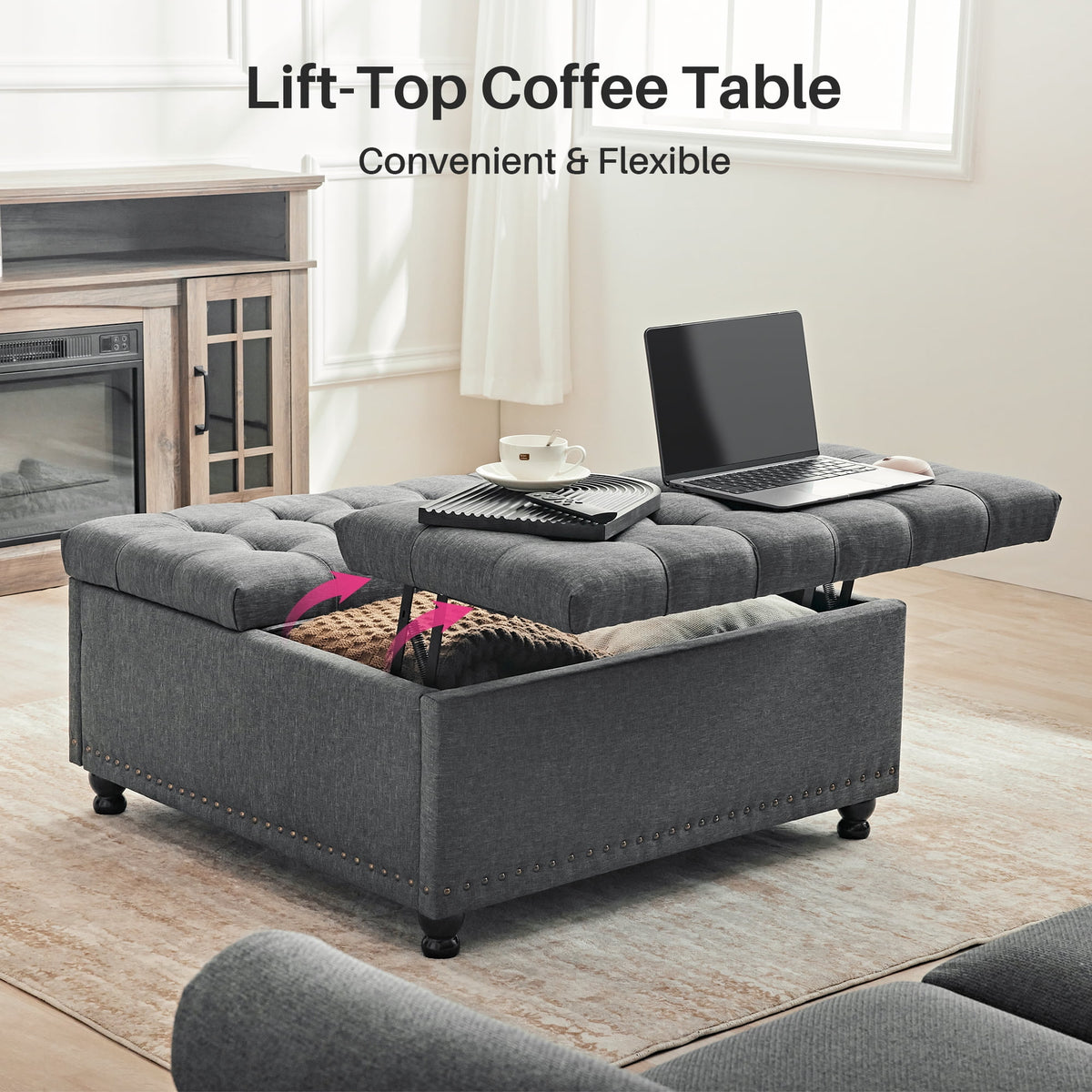 Redlife 35 Inch Large Square Storage Ottoman Bench, Storage Ottoman Coffee Table Large Square Ottoman with Storage Lift Top Tufted Storage Ottoman for Living Room (Brown Leathaire)