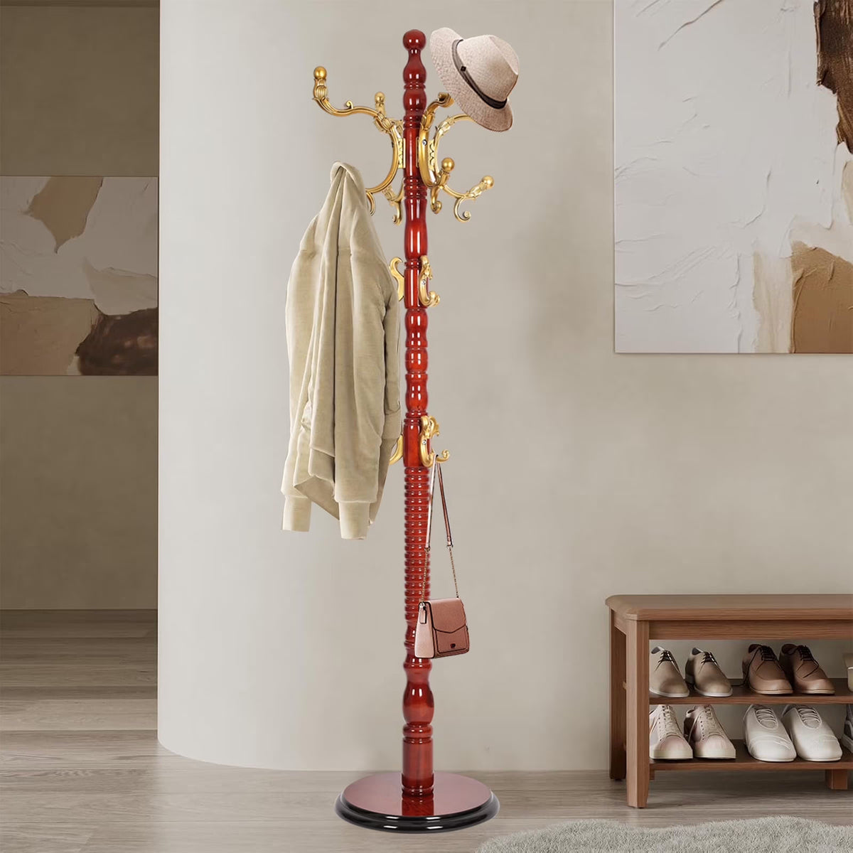 Coat Rack Freestanding, Hall Tree with 11 Hooks, Heavy Duty Wooden Coat Tree Stand, Adjustable Height, Sturdy Base for Bedroom Hallway Office - Load 270lbs