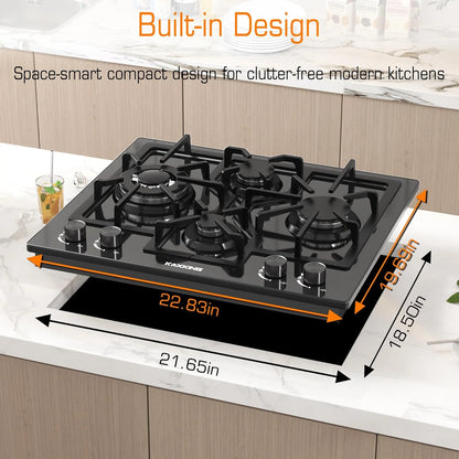 24 Inch Black Gas Cooktop - Built-in Dual Fuel Natural Gas & Propane Stove - 4 Burner Convertible Cooktop with Thermocouple Protection