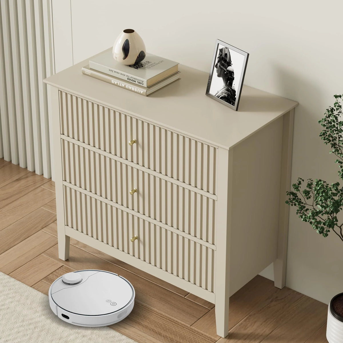 May Color Large White 3 Drawer Dresser Set of 2 with Fluted Panel, Modern Chest of Drawers with Silent Slide Drawers, Wood Accent Nightstand with Storage for Bedroom Living Room, Hallway