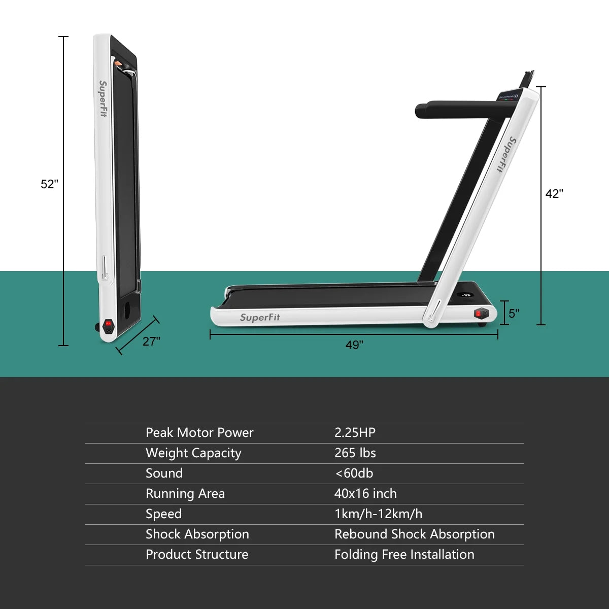 Gymax 2 in 1 Folding Treadmill 2.25HP Running Machine w/ Dual Display APP Control Black