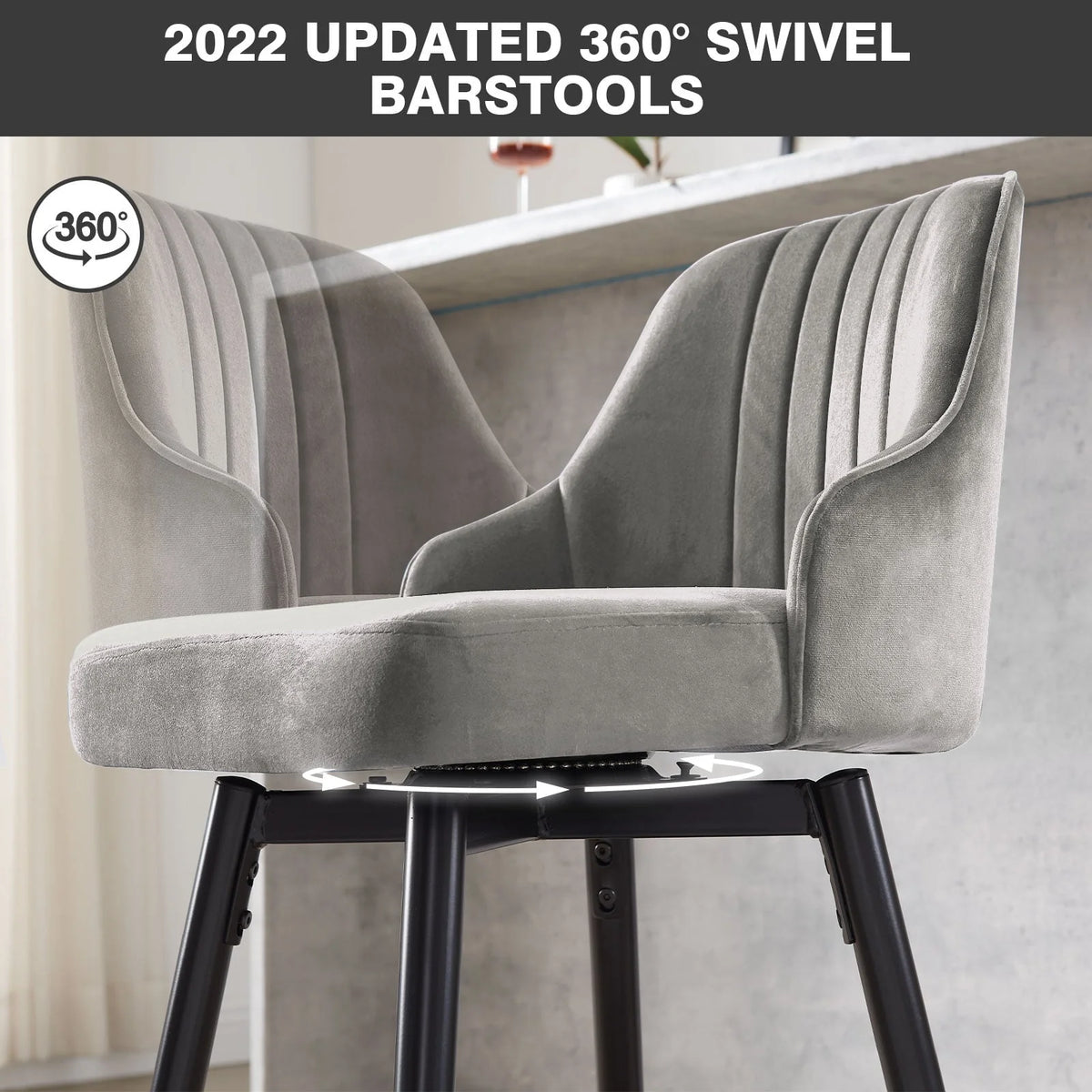 Omni House 25" Swivel Counter Height Bar Stools Set of 4, Velvet Upholstered Bar Stool with Low Back and Footrest,Stools for Pub Island Home Kitchen,Gray
