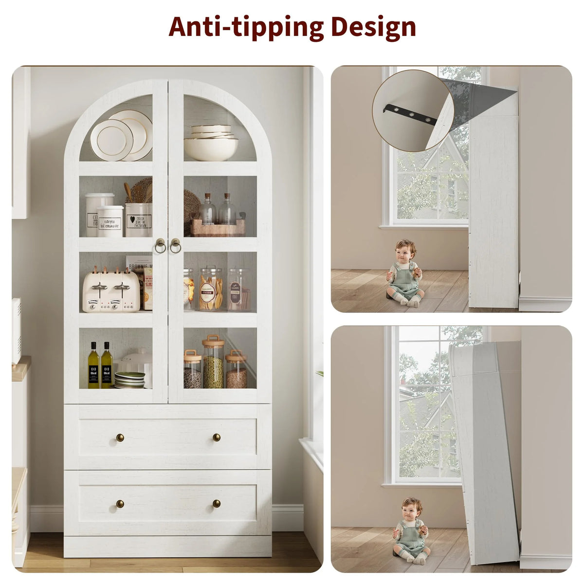 Luku 72" Tall Arched Kitchen Pantry Cabinet, Farmhouse Wood Storage Cabinet with Glass Door, 2 Large Drawers, Freestanding Organizer for Dining Room & Living Room