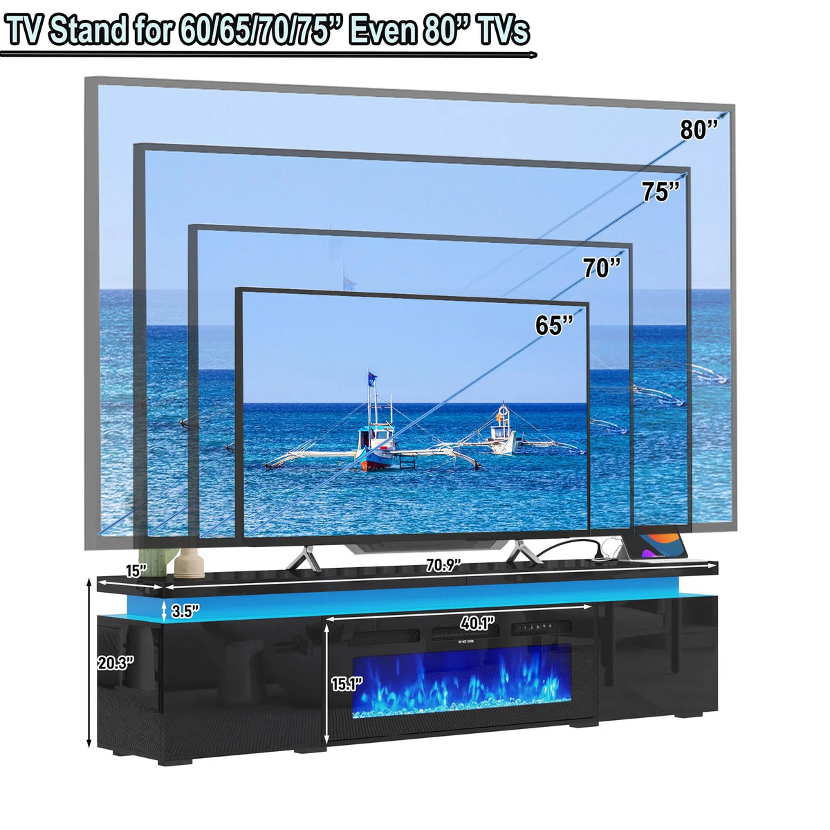 LED TV Stand for up to 85" TVs with Power Outlet, 75" Large Entertainment Center Console Table Gaming Soundbar Shelf with 2 Storage Cabinets