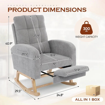 FFH Rocking Chair Nursery, Tufted Accent Rocker Chair, Upholstered Armchair with Adjustable Footrest, Side Pocket, High Backrest, Padded Seat, Polyester Blend (Retro, Dark Gray)