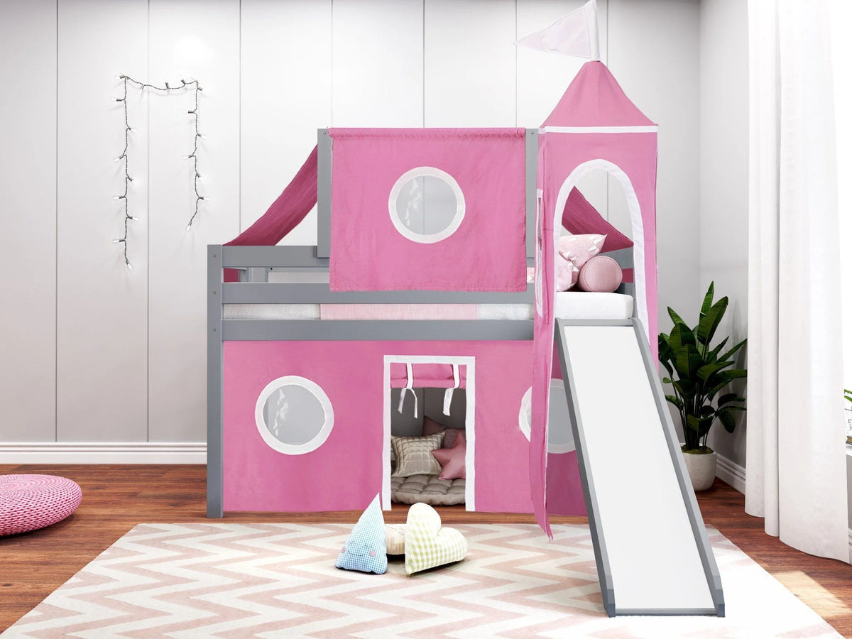 JACKPOT! Castle Low Loft Bed with Slide, Red Yellow and Blue Tent and Tower, Twin, Cherry