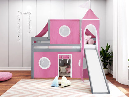 JACKPOT! Castle Low Loft Bed with Slide, Red Yellow and Blue Tent and Tower, Twin, Cherry