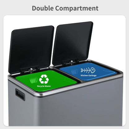 LAZY BUDDY Dual Garbage Can, Stainless Steel 16 Gallon Step Kitchen Trash Can with Soft-Close Lid, Double Compartment Garbage Recycling Bin