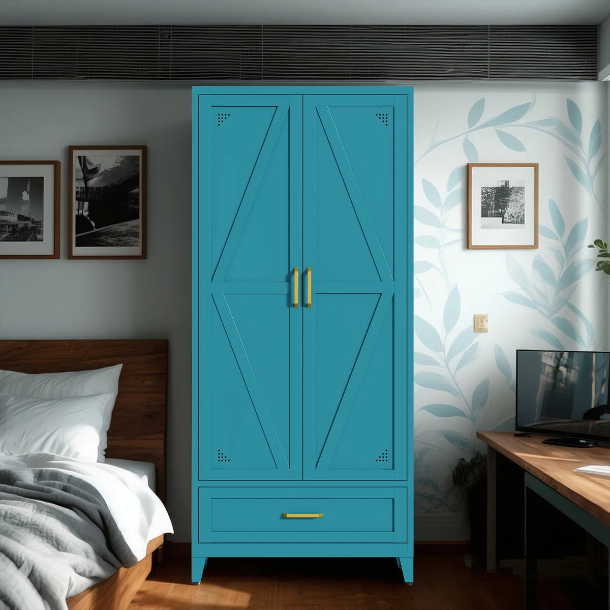 71" H Modern Freestanding Storage Cabinet With Gold Handles One Drawer And Adjustable Ceiling Height Multi-Functional Suitable For Kitchen Office Living Room And Bedroom Pantry Blue