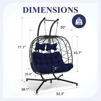 RADIATA Double Wicker Egg Swing Chair with Stand, 2-Person Hanging Egg Chair for Indoor/Outdoor, 700lbs Capacity, Thick Cushions & Headrest,Sturdy Metal Frame��Dark Gray