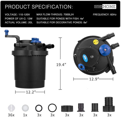 SPECSTAR Pressurized Biological Pond Filter with 13-watt Light, 1580 GPH Suitable for Koi Ponds up to 800 Gallons or Ornamental Ponds up to 1600 Gallons