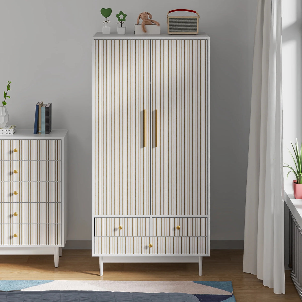 Oubayajia Wardrobe Armoire Closet, 2 Fluted Doors Wardrobe Cabinet with 3-Drawer and Hanging Rod, Wood Wardrobe Storage for Bedroom