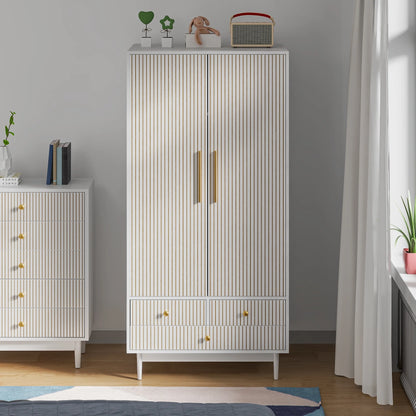 Oubayajia Wardrobe Armoire Closet, 2 Fluted Doors Wardrobe Cabinet with 3-Drawer and Hanging Rod, Wood Wardrobe Storage for Bedroom
