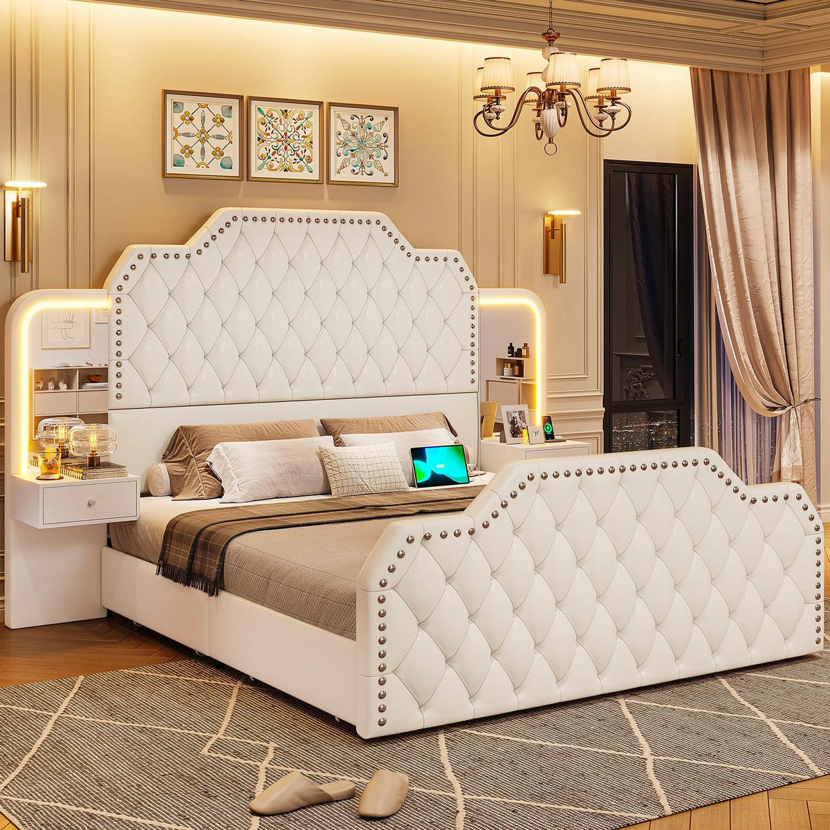 Queen Bed Frame with 2 Nighstands, Power Outlets and 4 Drawers, Upholstered Bed with Vanity Tables and Mirrors, Modern Velvet Tufted Platform Bed with Headboard & Footboard, Black