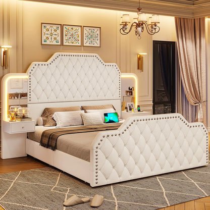 Queen Bed Frame with 2 Nighstands, Power Outlets and 4 Drawers, Upholstered Bed with Vanity Tables and Mirrors, Modern Velvet Tufted Platform Bed with Headboard & Footboard, Black