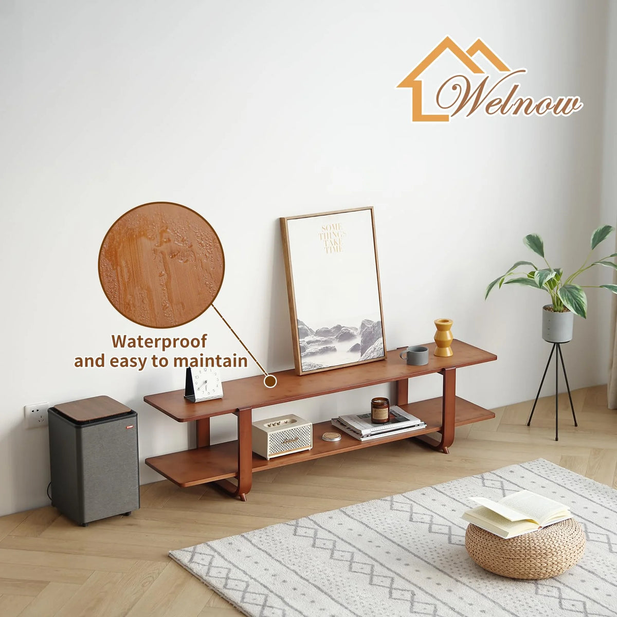 Bamboo TV Stand for Up to 65 Inch, Mid Century Modern Entertainment Center with 2-Tier Open Shelves, Storage Media Console Table for Living Room, Bedroom, Walnut