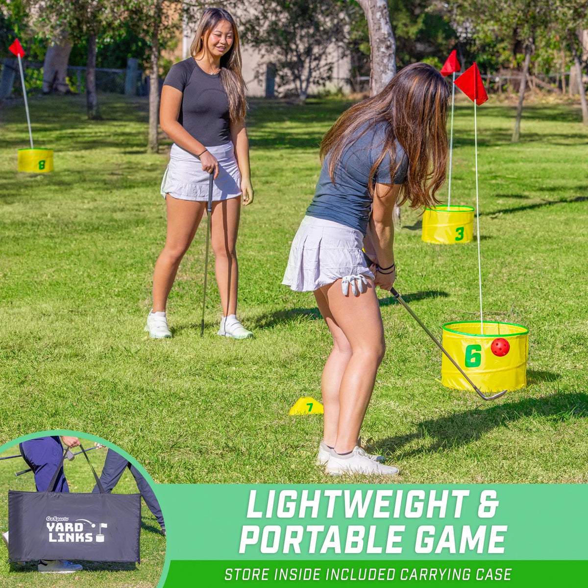 GoSports Yard Links Golf Game with 6 Buckets,  Backyard Practice Golfer Game, Tee Markers and 6 Balls