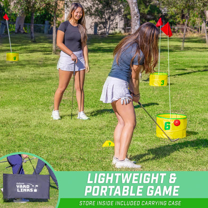 GoSports Yard Links Golf Game with 6 Buckets,  Backyard Practice Golfer Game, Tee Markers and 6 Balls