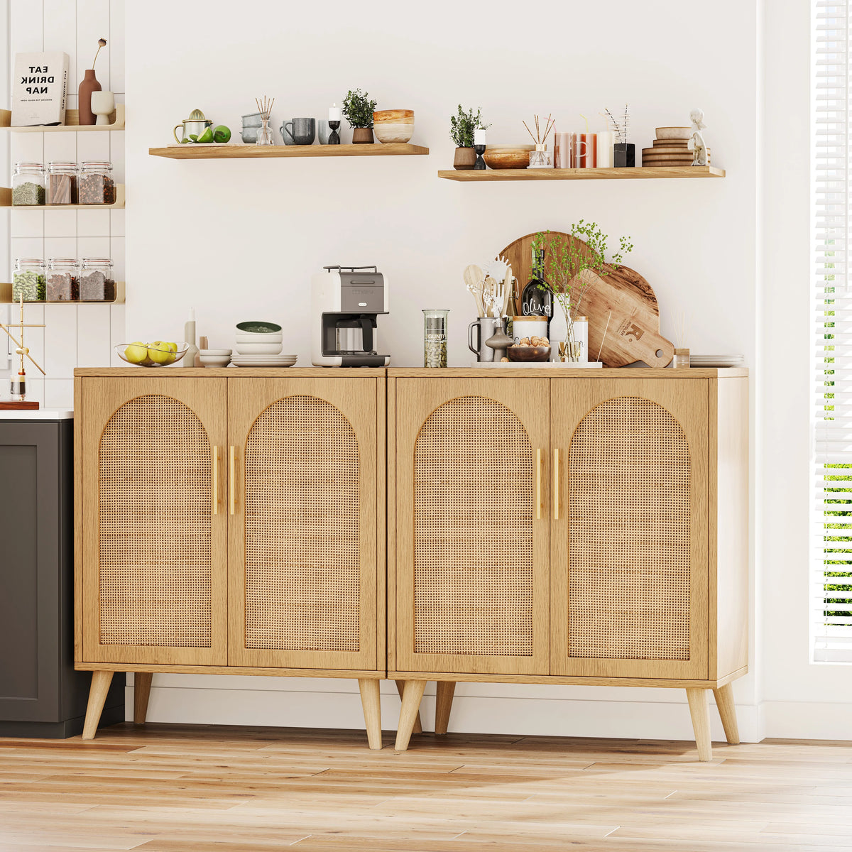 Rovaurx Set of 2 Rattan Storage Cabinet with Doors, Accent Bathroom Floor Cabinet, Modern Sideboard Buffet Cabinet for Living Room, Entryway, Dining Room and Kitchen, Natural