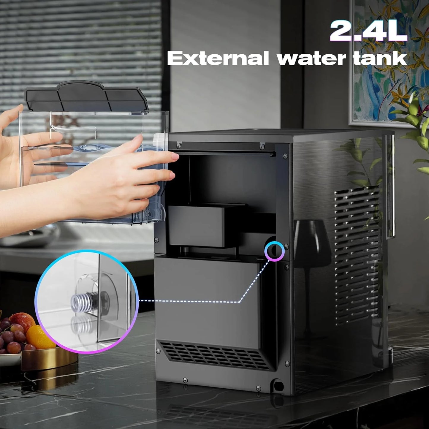 Moifoi Nugget Ice Maker,Culb in 6Mins, 44 lbs/24 H, Auto-Cleaning Portable Ice Machine with Basket & Scoop, Black