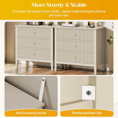 May Color Large White 3 Drawer Dresser Set of 2 with Fluted Panel, Modern Chest of Drawers with Silent Slide Drawers, Wood Accent Nightstand with Storage for Bedroom Living Room, Hallway