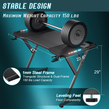 HLDIRECT 47 Inch Gaming Desk with LED Lights, Ergonomic Computer Gaming Table with Carbon Fibre Surface, Sturdy PC Workstation Desk for Gaming and Home Office with Headphone Hook, Cup Holder, Black