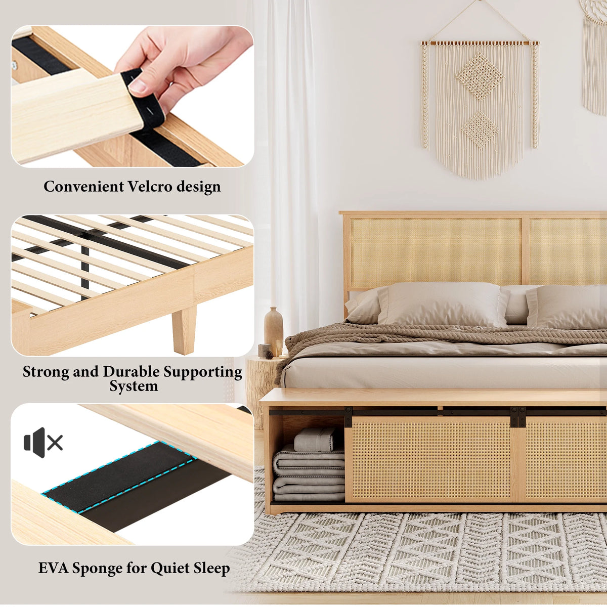 Natural Rattan Bed Frame with Sliding Barn Door Storage Cabinets and LED Light Headboard, Farmhouse Wood Platform Bed with Solid Wood Legs Support